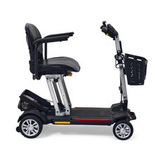 Buzzaround CarryOn folding scooter side view, lightweight, portable with comfortable seat and hand controls.