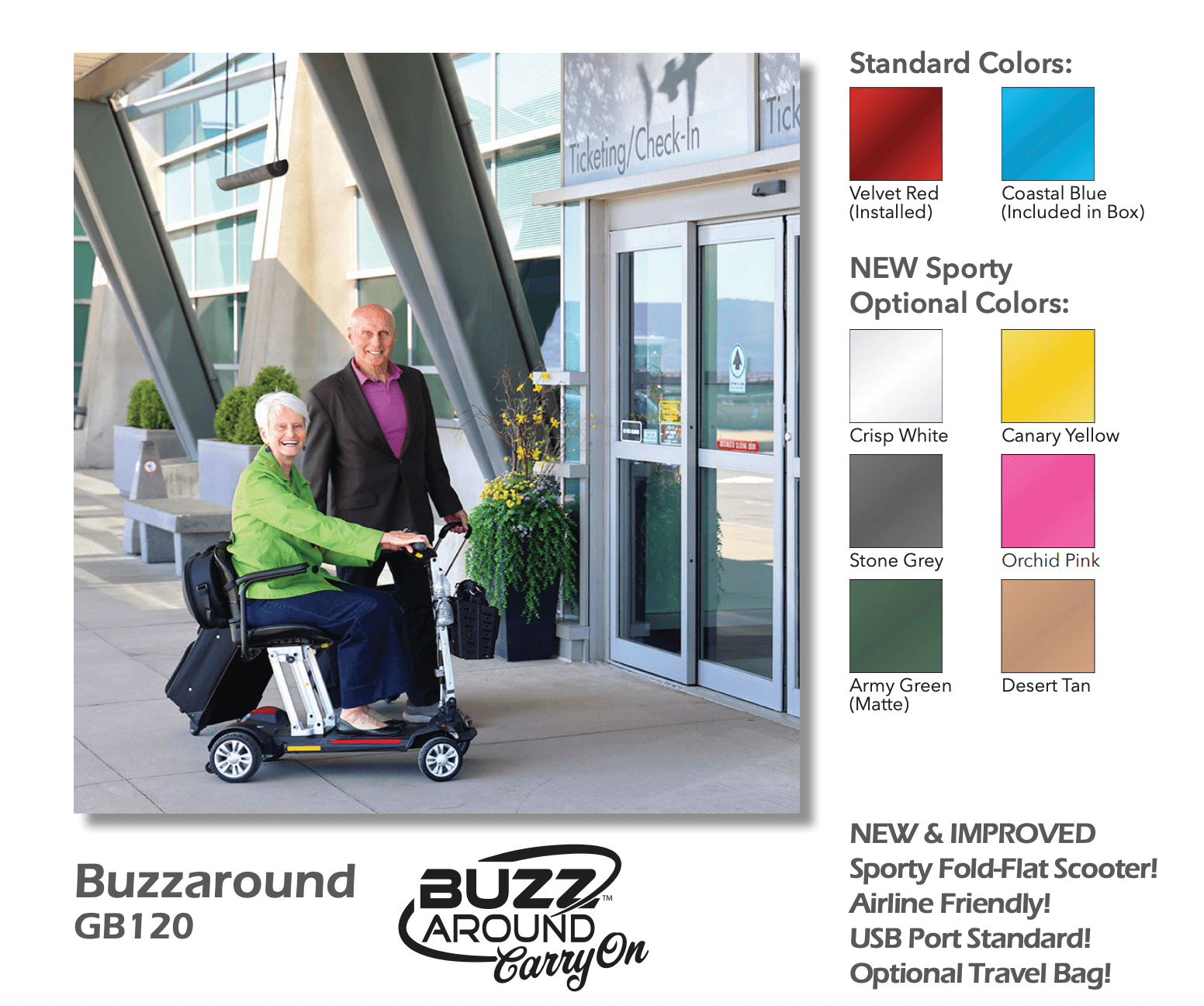 Buzzaround CarryOn GB120 folding scooter at airport check-in with two people, showcasing standard and new sporty colors.