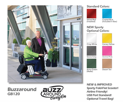 Buzzaround CarryOn GB120 folding scooter at airport check-in with two people, showcasing standard and new sporty colors.