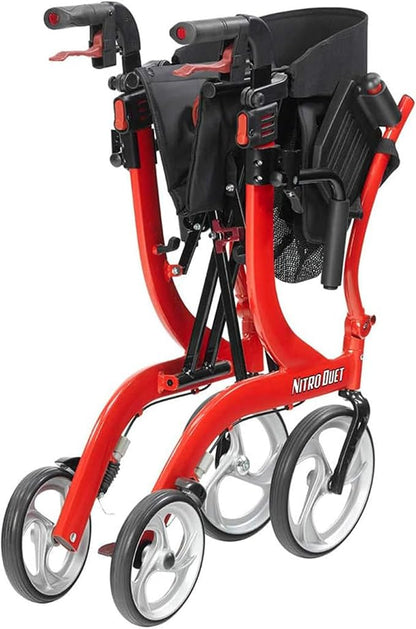 Drive Medical Nitro 2-in-1 Transport Wheelchair and Rollator Walker Combo in Red with adjustable back support