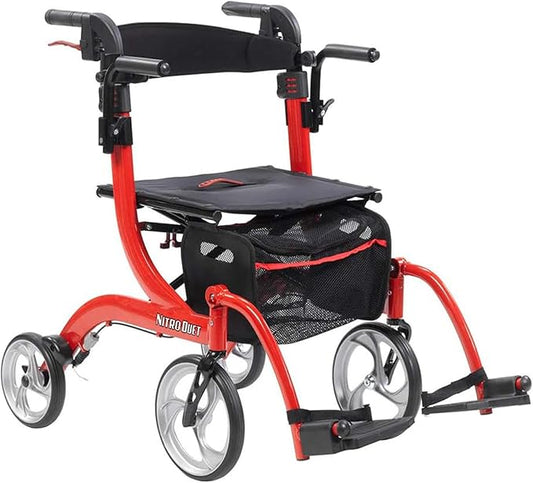 Drive Medical Nitro 2-in-1 red wheelchair rollator combo with adjustable back support and foldable frame.