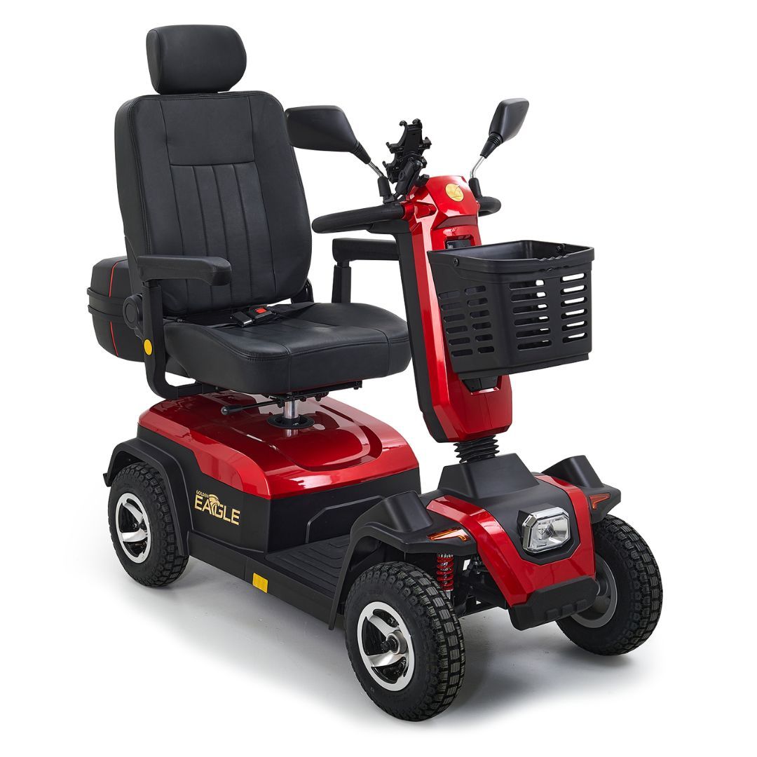 Eagle 4-Wheel Heavy Duty Mobility Scooter with off-road design and Bluetooth audio system.