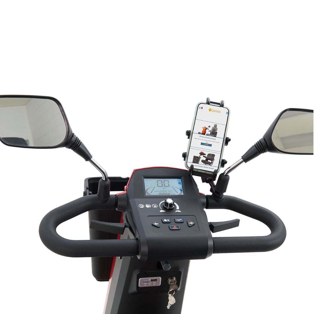 Eagle heavy duty mobility scooter tiller with phone holder, mirrors, and digital display for enhanced usability.