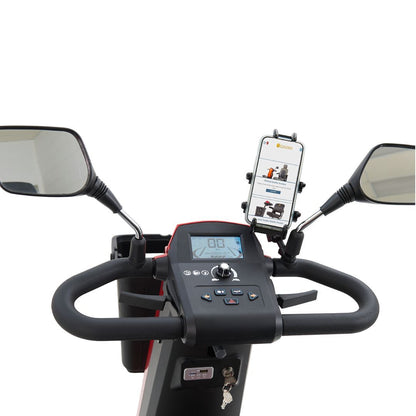 Eagle heavy duty mobility scooter tiller with phone holder, mirrors, and digital display for enhanced usability.