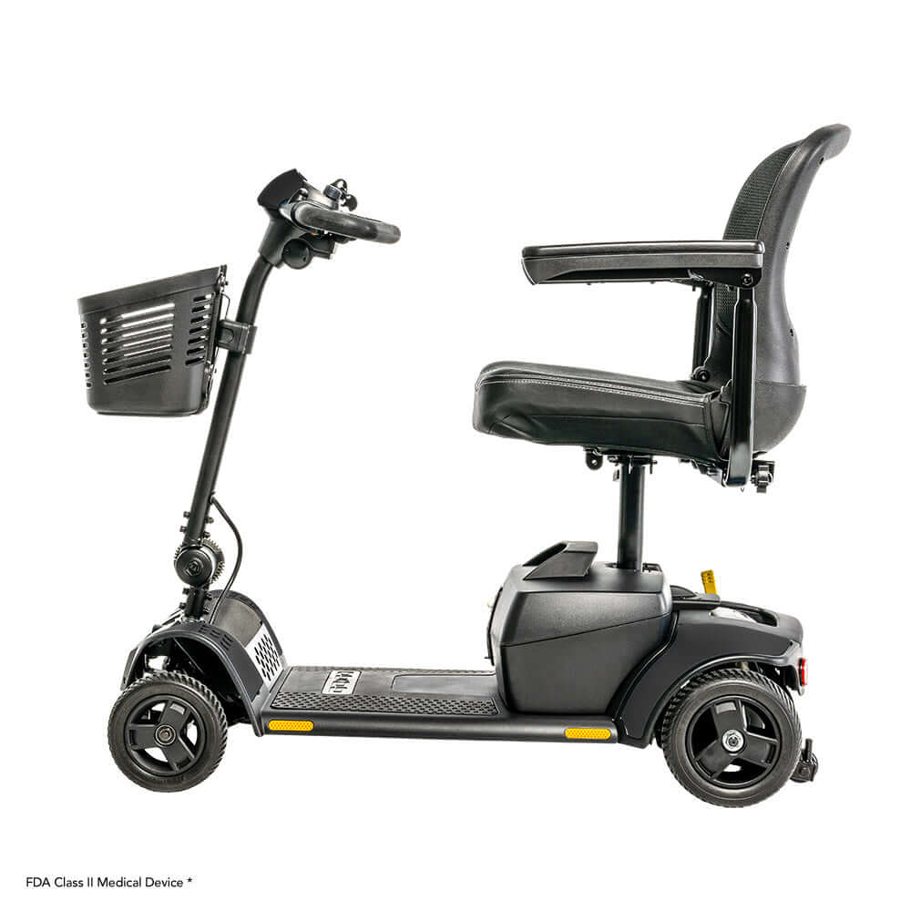 Pride Go Go Elite Traveller 2 scooter with 4-wheel stability and EZ Turn technology, ideal for mobility with FDA class II approval.