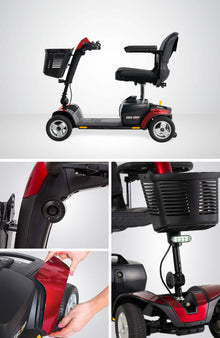 Used Pride GoGo® Sport 4-Wheel scooter showcasing ergonomic design, LED light, and easy disassembly features.
