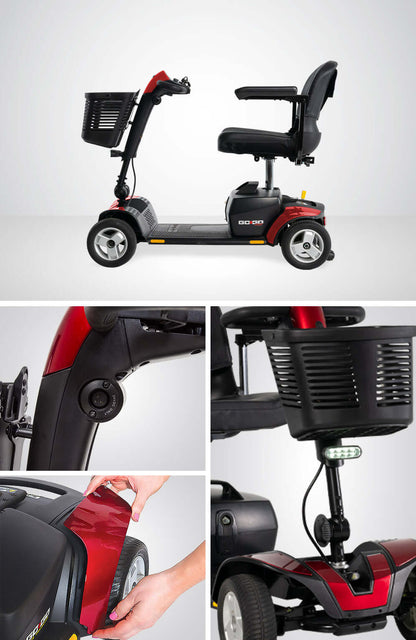 Used Pride GoGo® Sport 4-Wheel scooter showcasing ergonomic design, LED light, and easy disassembly features.