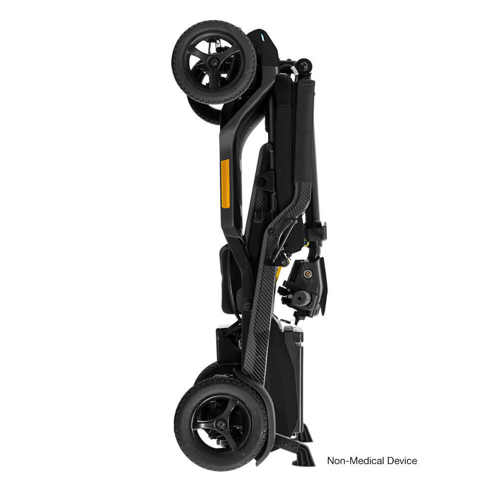 Go Go Super Portable scooter folded for easy storage, showcasing its lightweight design and compact dimensions.