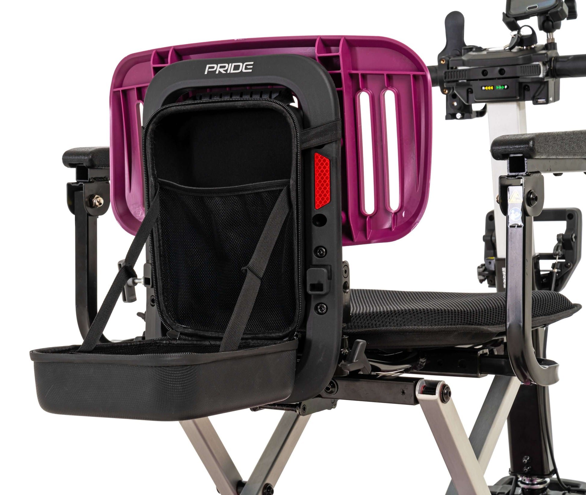 Close-up of the iGo™ Folding Mobility Scooter's seat and storage compartment for enhanced convenience.