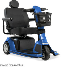 Maxima 3-Wheel Mobility Scooter in Ocean Blue with adjustable seat and basket for convenience.