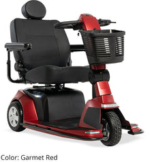 Pride Maxima 3-Wheel Heavy Duty Mobility Scooter in Garnet Red color with comfort seating and storage basket.