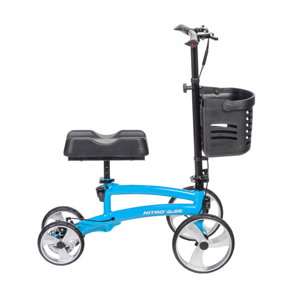 Nitro Glide Knee Walker in vibrant blue with basket, designed for mobility and support during recovery from injury.