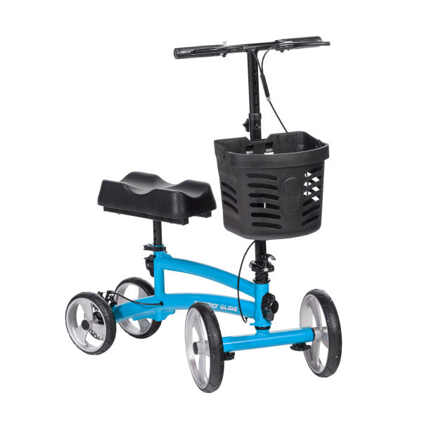 Nitro Glide Knee Walker in blue, designed for mobility recovery with basket and adjustable features.