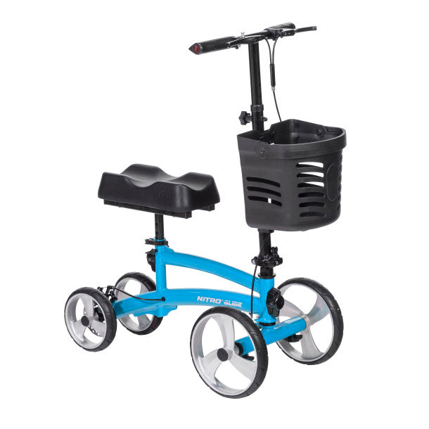 Nitro Glide Knee Walker in blue, featuring adjustable front axels and a storage basket for mobility support.