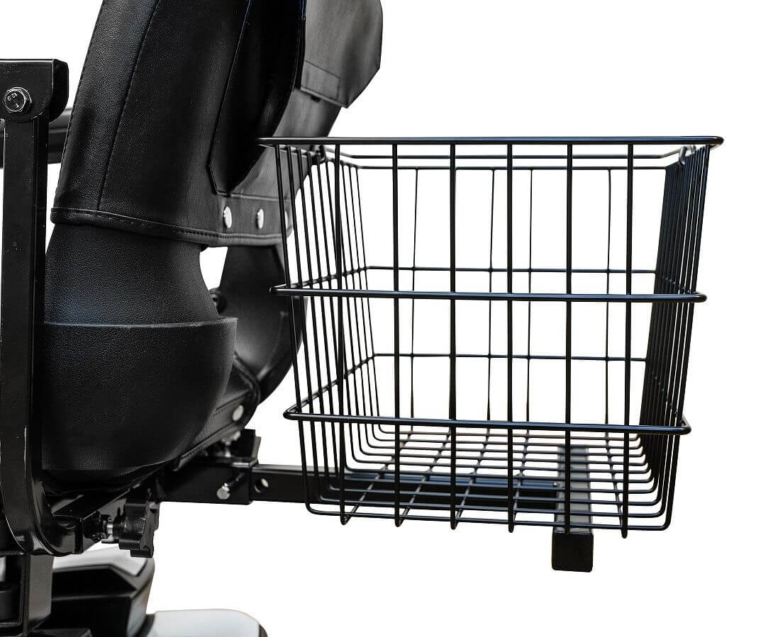 Rear basket for Pride mobility scooters, providing extra storage for shopping and travel.