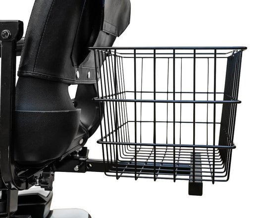 Rear basket for Pride mobility scooters, providing extra storage for shopping and travel.