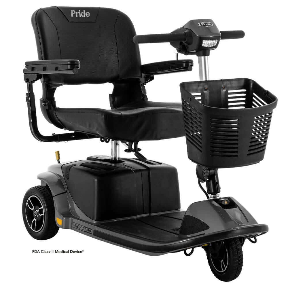 Revo 2.0 3-Wheel scooter with ergonomic design and front basket, showcasing robust features for portability and comfort.