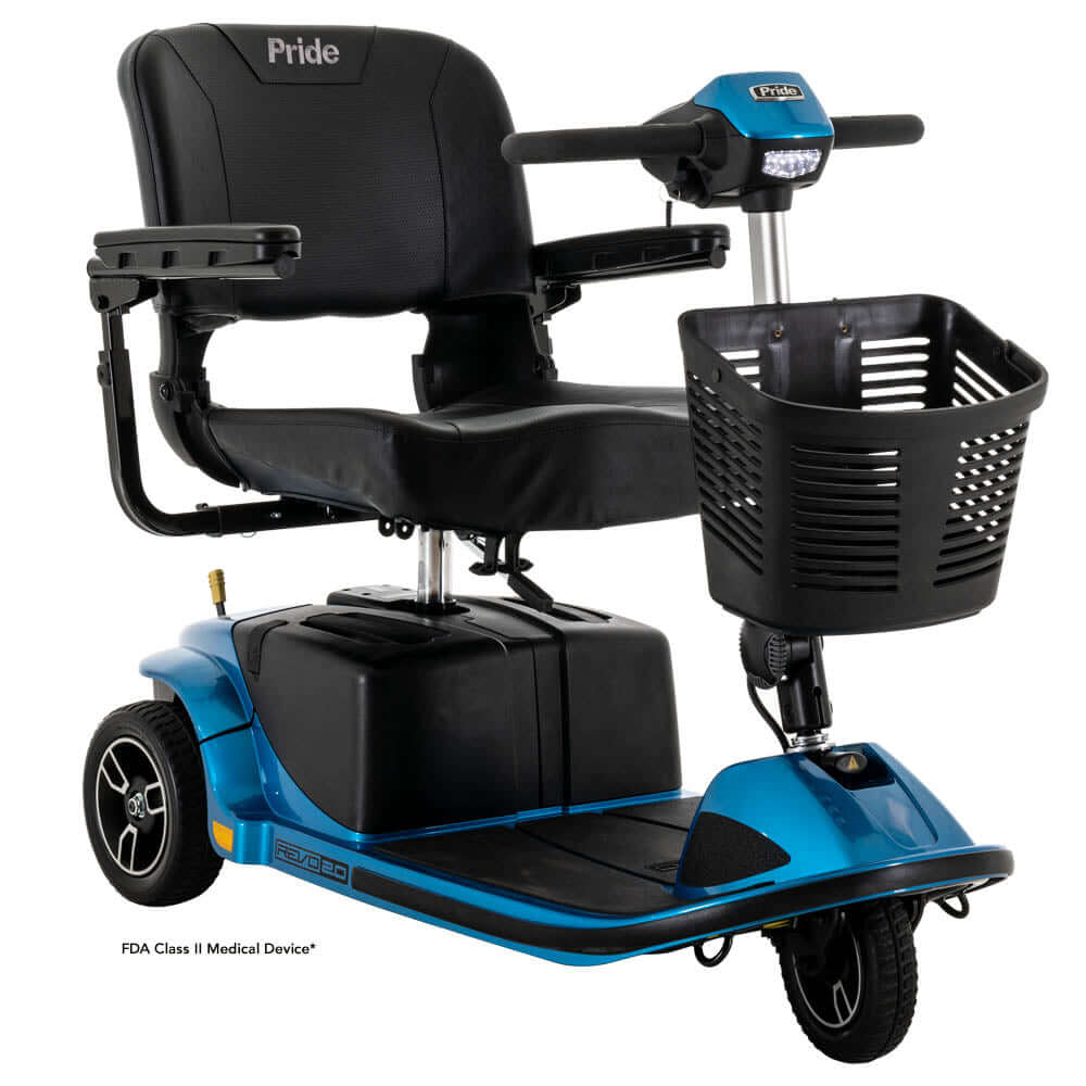 Revo 2.0 3-wheel scooter with ergonomic delta tiller and sturdy design, featuring a basket for convenience.