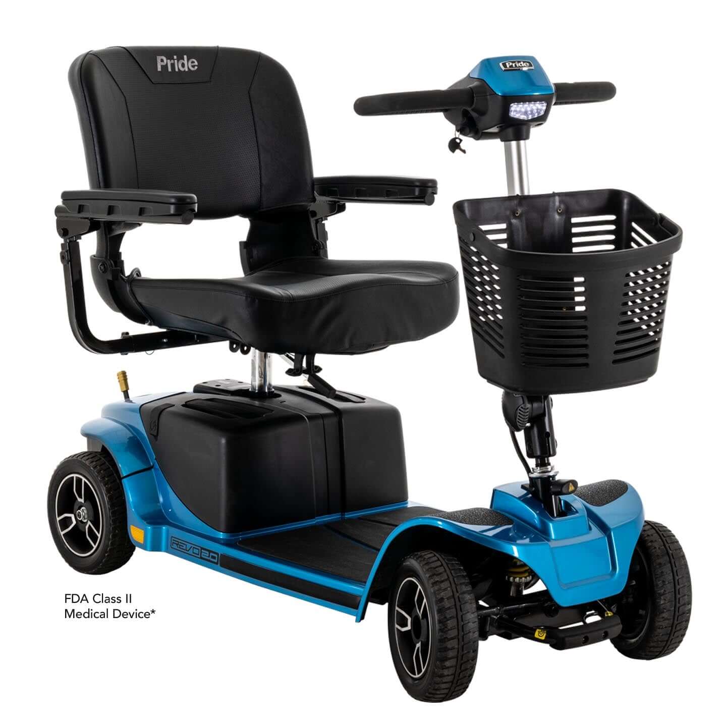 Pride Revo 2.0 4-Wheel scooter with adjustable seat and front basket, FDA Class II medical device.