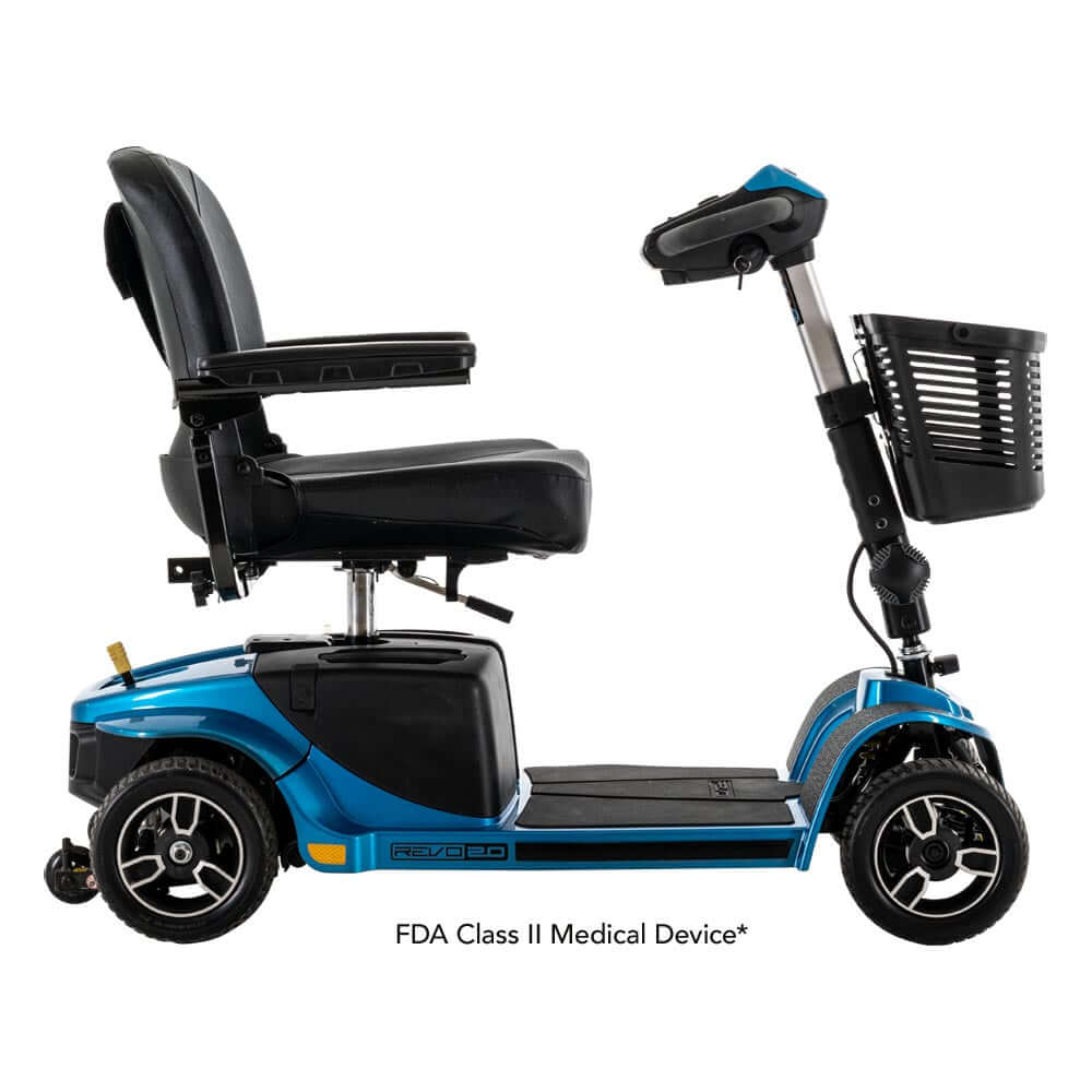 Side view of the Revo® 2.0 4-Wheel scooter, an FDA Class II medical device, showcasing its rugged design and features.