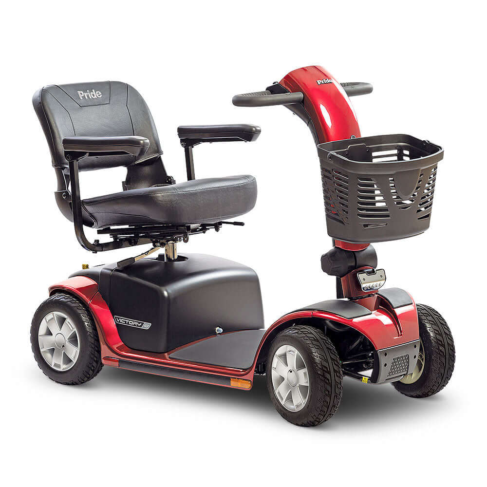 Heavy duty Pride Victory 10 mobility scooter for rent, ideal for stability and comfort with 400 lbs capacity.