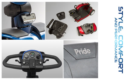 Victory 10 4-wheel mobility scooter details including control panel, disassembled parts, and seat upholstery.