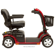 Victory 10 4-wheel mobility scooter in red with comfortable seat, basket, and FDA Class II certification.