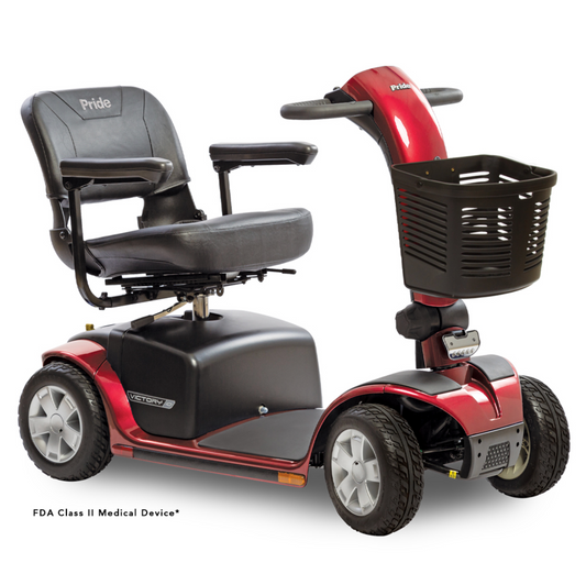 Victory 10 4-Wheel Mobility Scooter by Pride, featuring a comfortable seat and front basket, FDA Class II Medical Device.