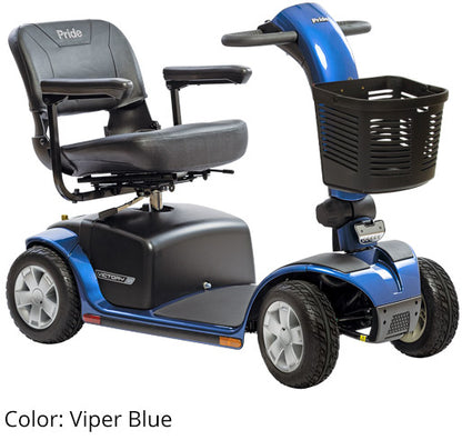 Victory 10 4-wheel mobility scooter in Viper Blue, featuring comfortable seating, storage basket, and robust design for stability.